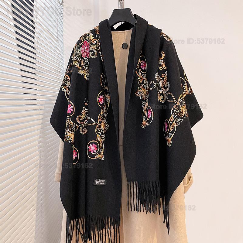Go Ethnic Fashion - Women Vintage Ethnic Embroidery Tassel Pashmina