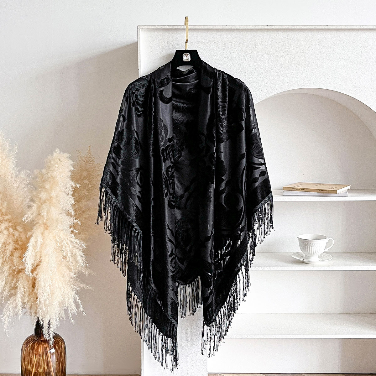 Ethnic Fashion Accessories - Retro Velvet Tassel Scarf Floral Embroidery